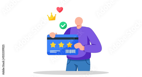 Person proudly displays a five-star rated loyalty card, signifying excellent customer experience and rewards.