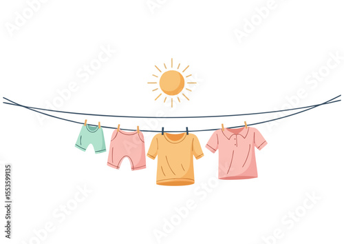 clothes drying on clothesline under sun illustration copy space