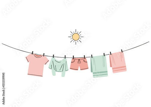 colorful clothes hanging on clothesline under sun illustration copy space