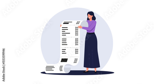 A woman holding and examining a long, detailed paper receipt.