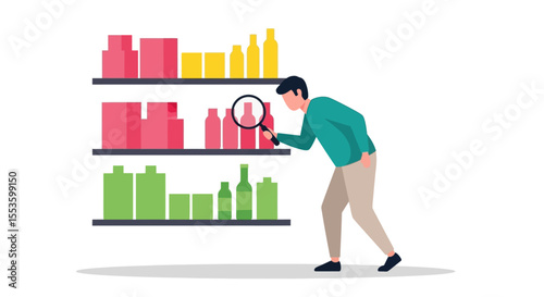 Man meticulously examines products on supermarket shelves using a magnifying glass, carefully comparing various items.