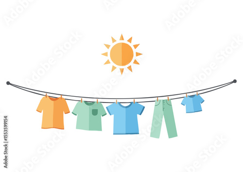 colorful clothes hanging on clothesline with sun illustration copy space