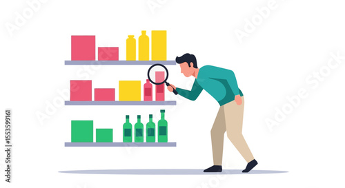 Man meticulously examines product labels on supermarket shelves using a magnifying glass.