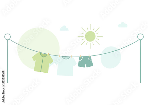 light clothes hanging on clothesline under sun illustration copy space