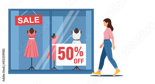 Woman walking past a store window displaying sale dresses and offers.