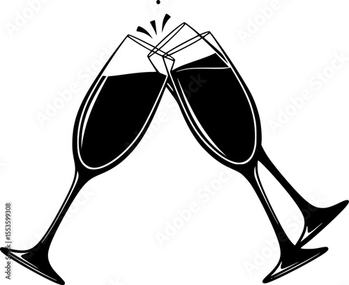 Set of Champagne Glasses Clinking - Minimalist Silhouette Vector Illustration
