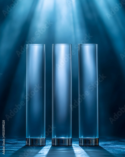 Three frosted glass cylinders on a dark surface, illuminated by dramatic blue lighting, creating a sleek and modern aesthetic. Perfect for product displays or abstract concepts.