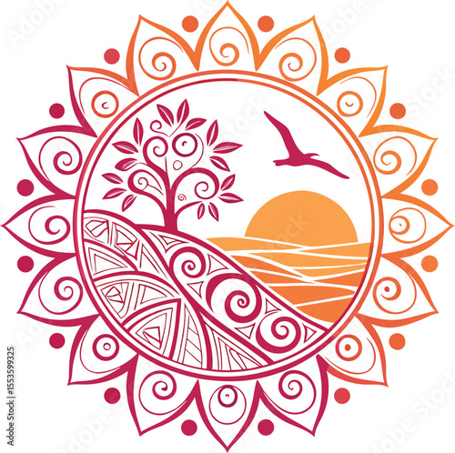 Sunrise Mandala: A captivating mandala design, depicting a serene sunrise over a tranquil landscape, symbolizing peace and harmony.