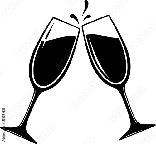 Set of Champagne Glasses Clinking - Minimalist Silhouette Vector Illustration
