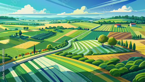 Top aerial view of green fields and meadows in summer. Abstract landscape featuring lines of cultivated fields, vibrant grass, scattered trees, under a sunny blue sky with lush foliage