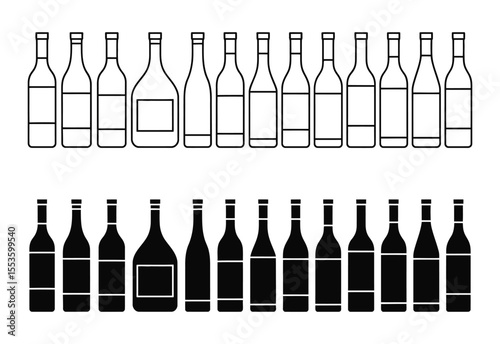 Collection of outline and silhouette wine bottles in a row