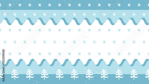Christmas Seamless Border. Winter Fir Trees, Snowflakes, Waves in Modern Style. Trendy Christmas Design. Holiday Greeting Card, Banner, Invitation Template. Vector Illustration in Blue, White