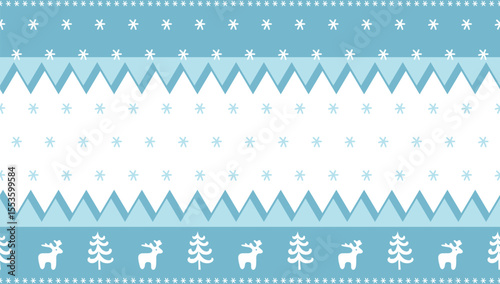 Christmas Seamless Border. Winter Fir Trees, Snowflakes in Modern Style. Trendy Christmas Design. Holiday Greeting Card, Banner, Invitation Template. Vector Illustration in Blue, White