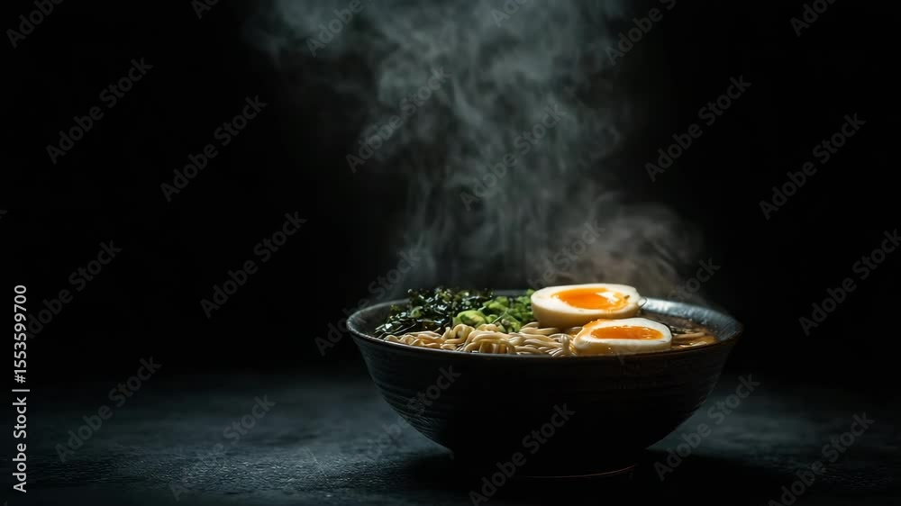 Steaming hot bowl of Japanese ramen soup with soft boiled egg and noodles against a black background. Dramatic cinematic food video with copy space.

