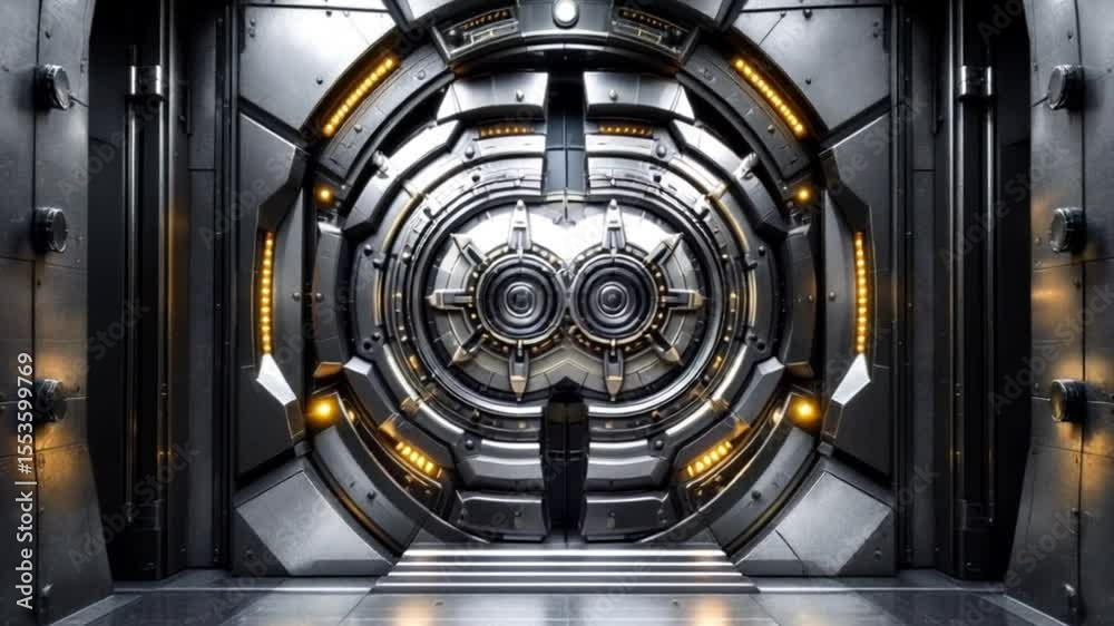 Abstract Steel Vault Tunnel with Spiral Engine and Audio Concept? It captures the blend of technology, the safe-like environment, and the abstract elements in a way that's easy 4k Animation video