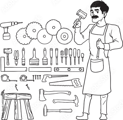 Line art illustration of a male carpenter or woodworker with a mustache, holding a mallet and chisel. The image also includes a comprehensive set of various woodworking tools and a wooden stool.
