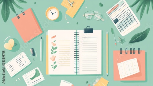 Illustrated weekly planner filled with habit icons, pastel tones, concept: staying organized and consistent generative ai