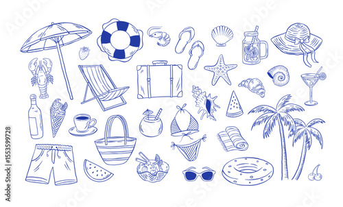 Hand draw mediterranean summer beach illustrations. Vintage Italian vacation clipart. La dolche vita vector set