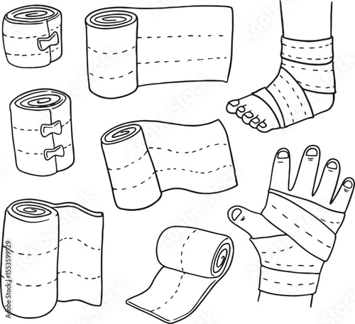A set of line art illustrations featuring various rolled and unrolled medical bandages and gauze, along with examples of a bandaged hand and ankle. This design is perfect for medical, healthcare.