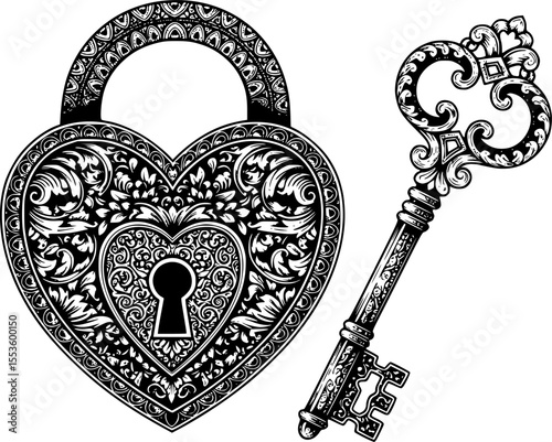 Ornate Heart Padlock and Key Silhouette Vector Illustration
