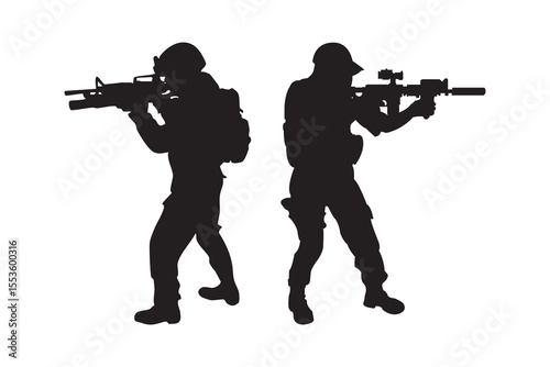 army soldier silhouette vector set featuring armed soldiers in tactical poses including kneeling and shooting isolated on white background for web and mobile use