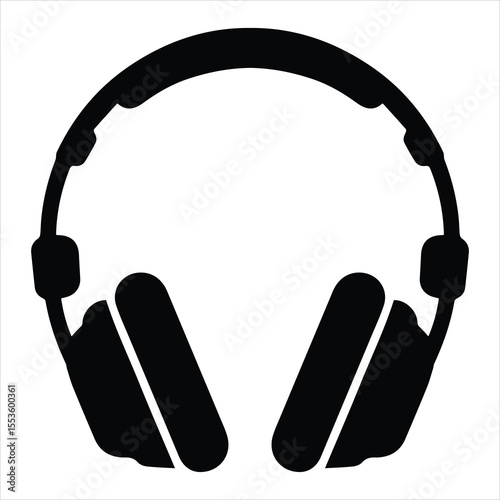 Black silhouette of headphones icon isolated on white background, audio equipment symbol for music and sound design