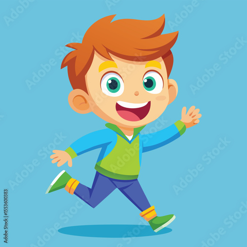 Animated boy with bright orange hair and large, light green eyes. He has a wide-open smile, showing his tongue. He's wearing a two-toned long-sleeved shirt, with the top half being blue.