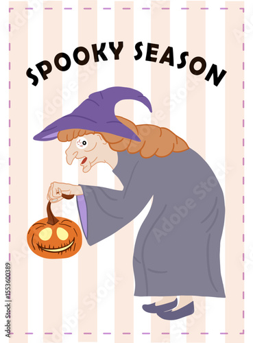 Halloween wicked witch cartoon vector featuring a glowing pumpkin lantern scary face and spooky halloween night theme illustration