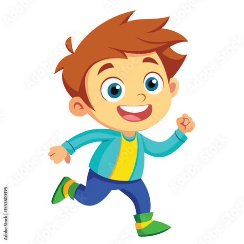 A cartoon boy with orange hair is running, wearing a teal jacket over a yellow shirt, blue pants, and green shoes with yellow accents. He has a big smile and raised fist.