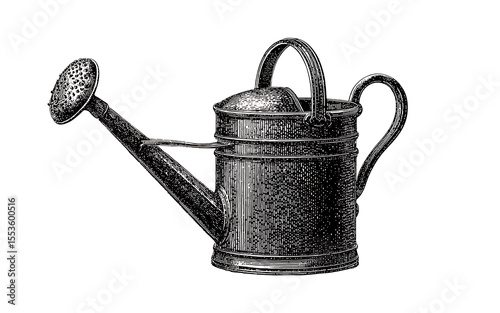 Classic watering can illustration in vintage stipple engraving style isolated on transparent background