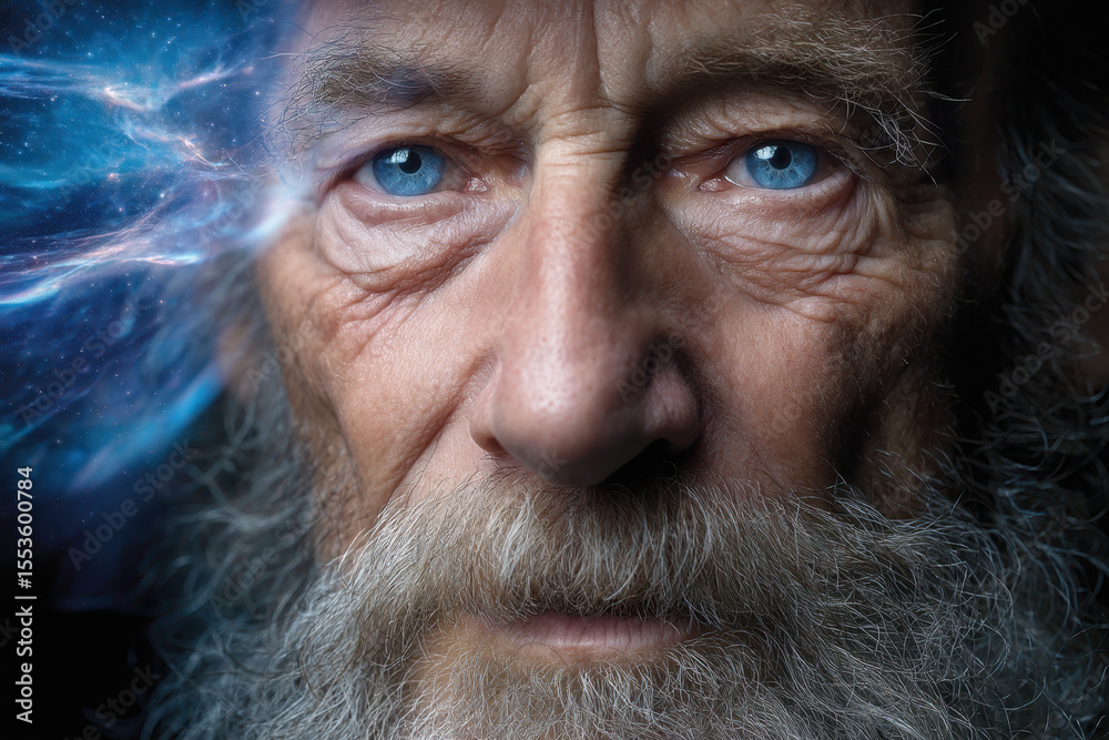 Obraz premium Elderly man with striking blue eyes and gray beard gazes thoughtfully into the distance