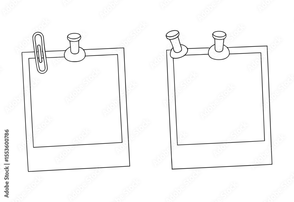 Two blank instant photo frames attached to a white background with a paperclip and pushpins Two blank instant photo frames attached to a white background with a paperclip and pushpins