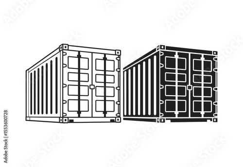 Two shipping containers one outlined and one solid black on white background