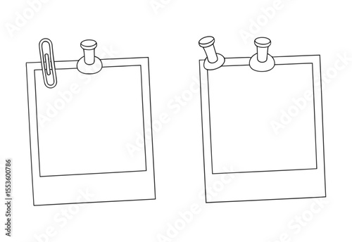 Two blank instant photo frames attached to a white background with a paperclip and pushpins