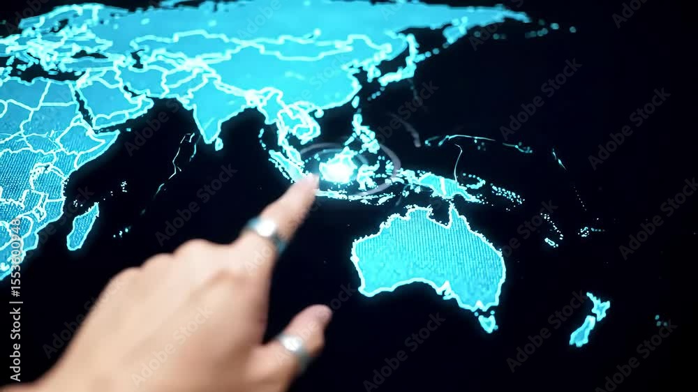 Hand points Southeast Asia on digital world map, global data background, marketing