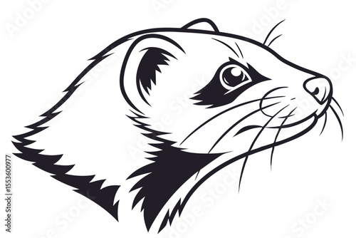 Ferret head monochrome illustration showcases detailed line work against a clean white backdrop