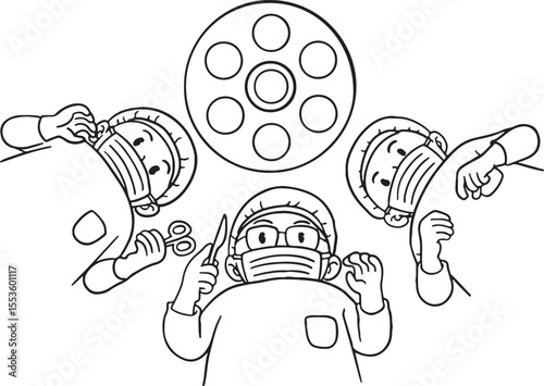 Top-down line art illustration of a team of surgeons and medical staff in an operating room, looking down at a patient with surgical tools. This image is perfect for medical, healthcare.