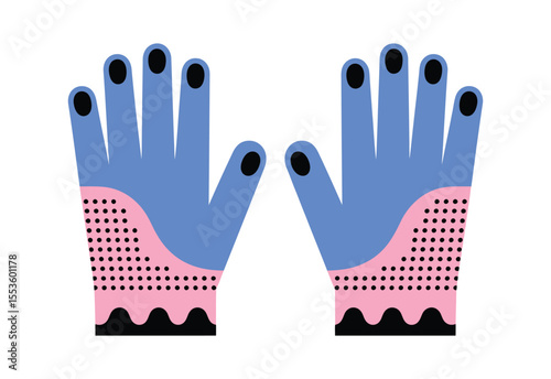 Stylized blue and pink gardening gloves with black polka dots and wavy trim