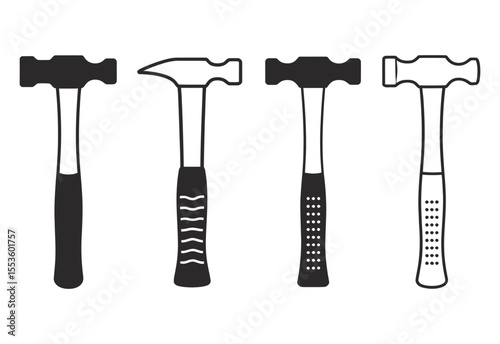 Collection of four different hammers with varied handle designs and head shapes