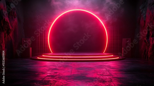 Futuristic stage design with neon ring and dramatic lighting perfect for product presentations high resolution photo