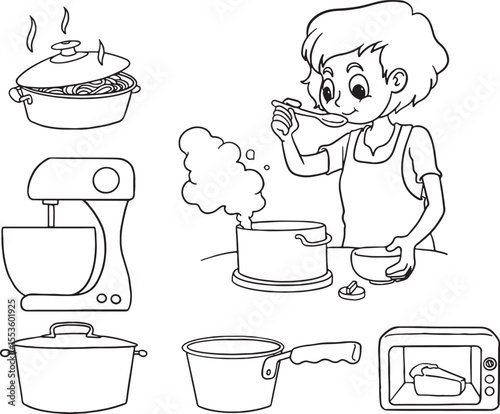 A set of line art illustrations featuring a person cooking and various kitchen appliances and cookware, including a boiling pot of noodles, a stand mixer, a pot, a pan, and a microwave.