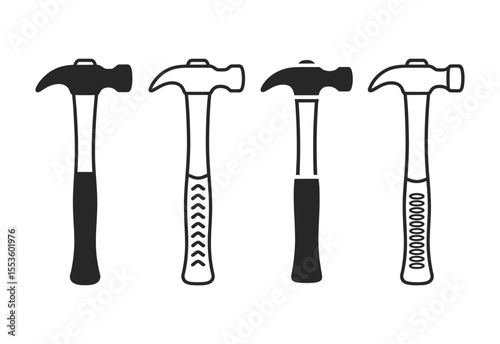 Four stylized hammers with different handle designs on a white background