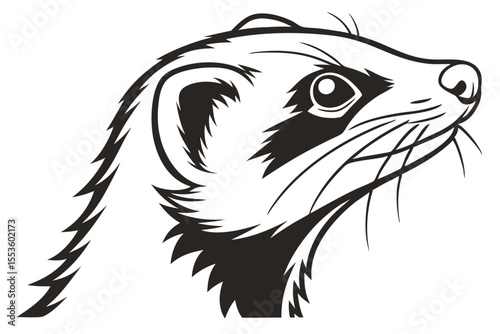 Stylized weasel face features bold lines, prominent whiskers, and captivating, dark eyes