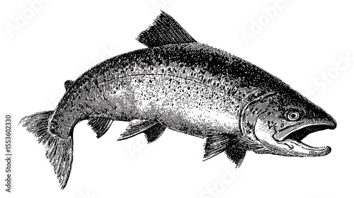 Illustration of a jumping Atlantic salmon fish in vintage stipple engraving style isolated on transparent background