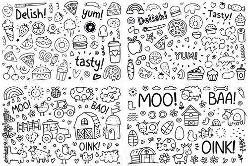 Doodle Food and Farm Animals with Text Elements illustration