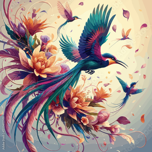 Colorful birds soaring above vibrant flowers in a lush and enchanting setting