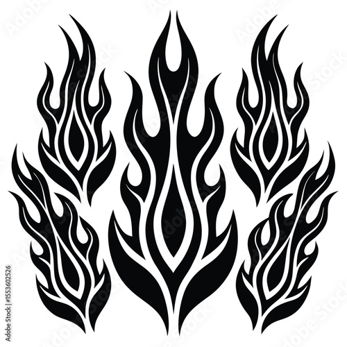 A collection of stylized flame outlines with elongated licks and symmetrical forms, designed to mimic hot rod decals. Clean, editable black-and-white vectors..