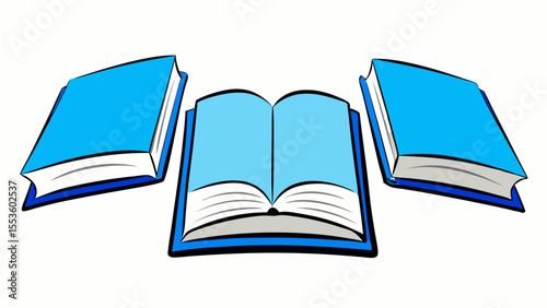 open book vector illustration of three blue books, one open and two closed, on a white background