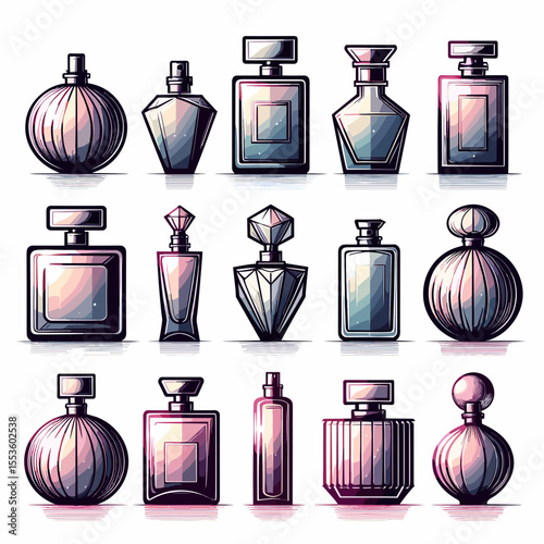 Elegant collection of perfume bottles in various shapes and designs on a light background