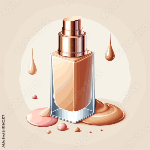 Elegant foundation bottle surrounded by colorful droplets and makeup products